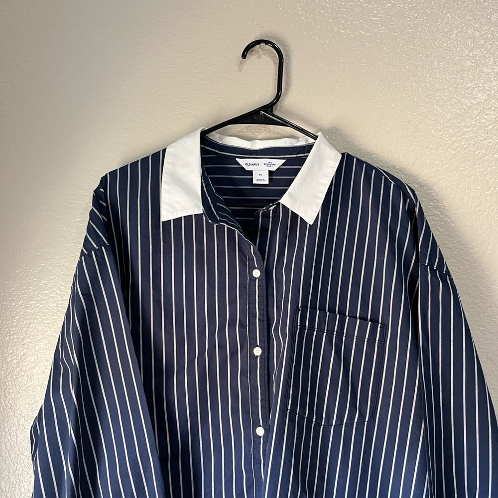 Old Navy Navy Pinstripe Button-Down Boy Friend Shirt White Collar Cuffs Sz XL - Picture 5 of 6